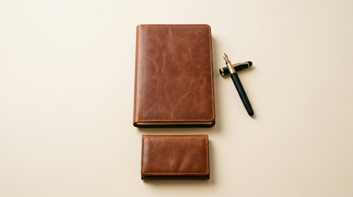 Illustrative leather notebook and pen
